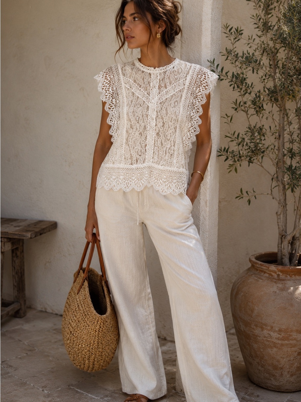 Zara Romantic Lace Top Ivory Crochet Trim Sheer Blouse Size M